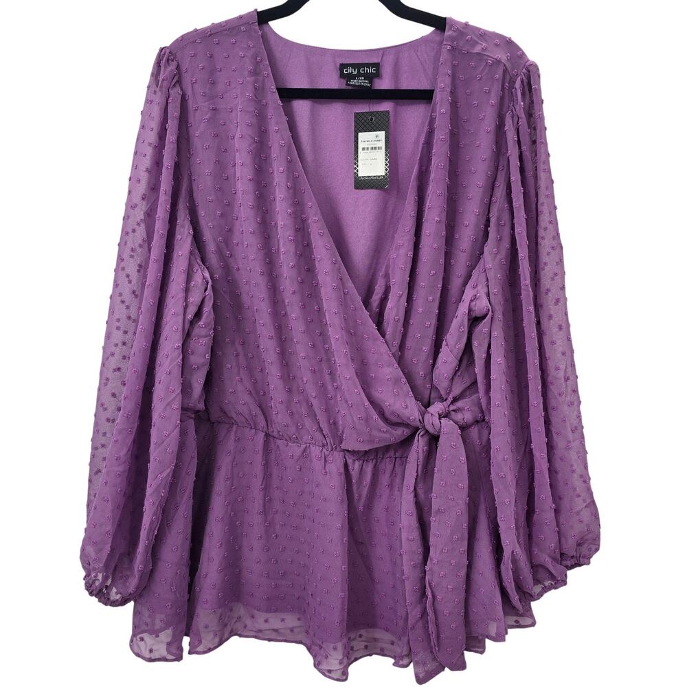 City Chic Top Women Plus Size 20W Purple Dobby Chiffon Tie Waist Blouse New Wrap